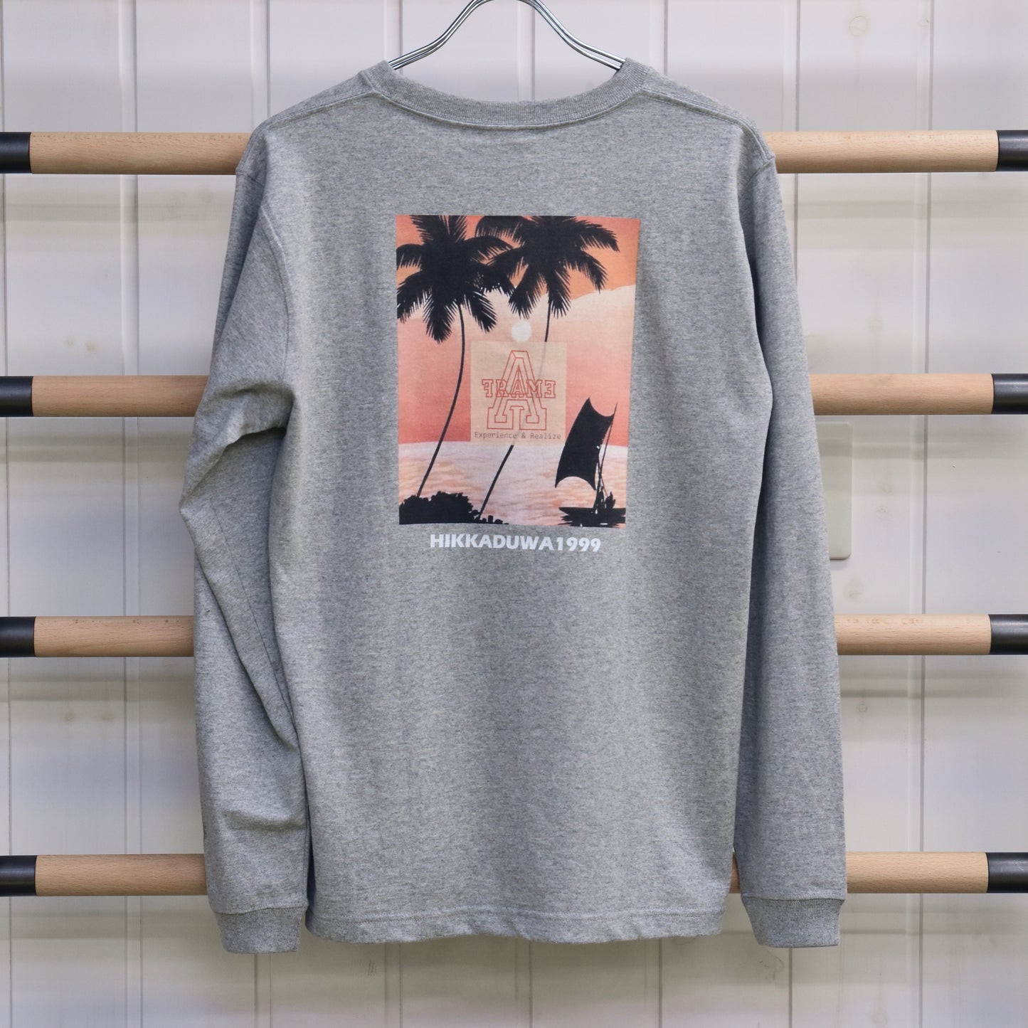 ロングTシャツ グレー アメカジ ヤシの木 袖口リブ